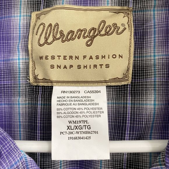 Wrangler Western Shirt Mens XL Purple Black White Blue Plaid Snap Button Front - Picture 8 of 13